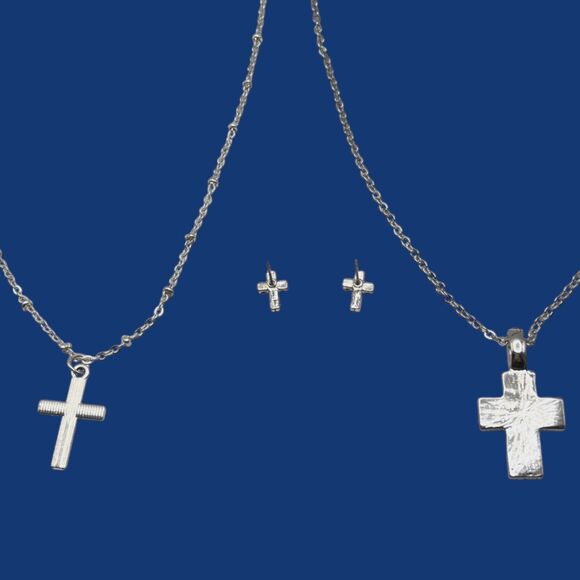 Rhinestone Cross Necklace Earrings Lot Silver Tone Christian Religious Jewelry - Picture 5 of 6